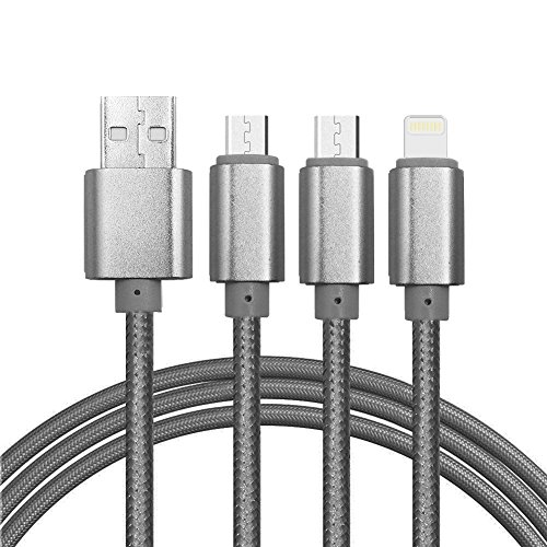 USB Kabel, 3 in 1 Lightning & Micro USB Nylon geflochtenes Ladekabel mit 8 Pin Lightning / Micro USB 2.0 Anschlüsse für iPhone 6 / 6S plus / 5 / SE, iPad Air / mini, Android-Geräte(2 Micro&1 Lightning -Silber)