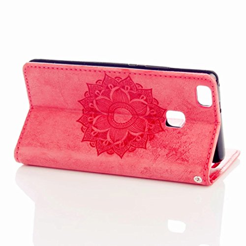 MUTOUREN Portemonnaie Handyhülle für Huawei P9 Lite Bookstyle Gürtelhändytasche Brieftasche PU Leder Wallet Case Cover Schutzhülle Hülle Etui mit Standfunktion Magnetverschluß Card Slots Kratzfeste Anti-scratch Premium Ledertasche Gepresste Blumen Indische Sonne Mandala Rot + Bleistift Touch Pen - 2