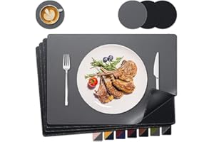 NOSTHEART Tischsets Abwaschbar 4er Set, Platzsets Abwischbar Tischsets Leder Hitzebeständig rutschfest Platzdeckchen mit Untersetzer Rund, Doppelseitigen Mit Randnähten | Schwarz Grau