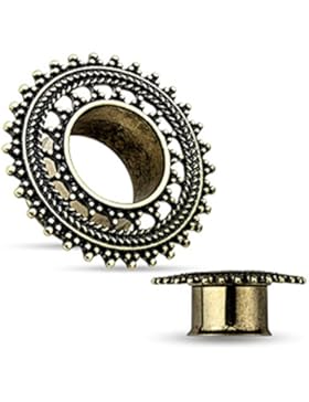 Paula & Fritz® Tunnel Flared aus Edelstahl Chirurgenstahl 316L altgolden natürliches Schnurmuster 5mm – 16mm PSA14