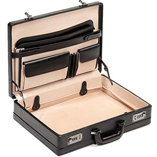 Briefcase Attache-Case Genuine Leather Black expandable combination locks