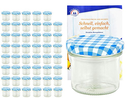 48er Set Sturzgläser 125 ml mit blau weiß kariertem Deckel To 66 inkl. Diamant Gelierzauber Rezeptheft Marmeladengläser Einmachgläser Einweckgläser