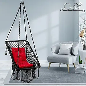 Patiofy Made in India Premium Square Shape Hammock Hanging Cotton Swing Chair with Cushion & Accessories for Indoor and Outdoor/150Kg Capacity/Swing with Red L-Cushion/for Kids & Adults (Black)