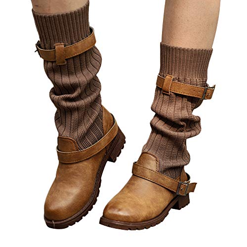 Preisvergleich Produktbild Geili Damen Halbschaft Stiefel Patchwork Lederstiefel mit Blockabsatz Frauen Modische Übergrößen Keilabsatz Schnalle Boots Warm Winterstiefel Mitte Wade Biker Boots Reiterstiefel