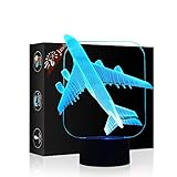 Jawell Lampe de chevet en forme d'avion avec illusion 3D, 7 couleurs, changement automatique, interrupteur tactile, lampe de bureau, cadeau d'anniversaire avec base en acrylique et ABS et câble USB