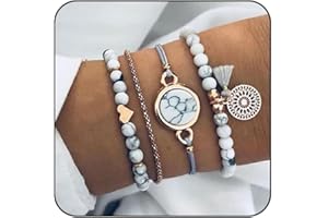 Edary Set di braccialetti con nappine Set di bracciali in marmo bianco Accessori per mani a cuore Catena a mano con perline regolabile per donne e ragazze (4 pezzi)