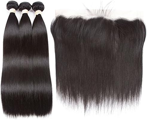 Brazilian Straight Human Hair With Lace Frontal 3Bundles Unprocessed Virgin Hair With 13X4 Ear to Ear Frontal Closure Natural Color (10 12 14 with 12inch Frontal)