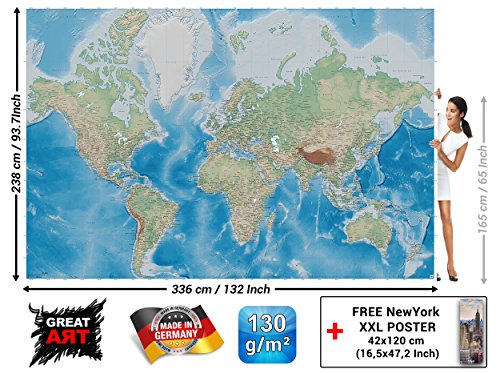 Fototapete Weltkarte Wandbild Dekoration Miller Projection im plastischen Relieffdesign Erde Atlas Weltkugel Landkarte Geographie Foto-Tapete Wandtapete Fotoposter Wanddeko by GREAT ART (336 x 238 cm) - 3