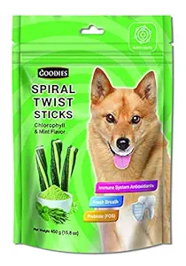 Goodies Dog Energy Treats Spiral Twist Stick Chlorophyll & Mint Flavor Flavor 98% Healthy Snack & Training Treat, Best for Dog (1 x 450g) with Free Jerhigh Milky Stick 20g (Newly Launched )