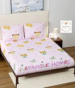 SpangleHomes 100% Soft Glace Cotton Elastic Fitted Bedsheet for Kids Room , 1 Queen Bedsheet with 2 Pillow Cover (Elastic Double, Design - Purple Cat)