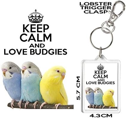BUDGERIGAR KEYRING, Keep Calm And Love Budgies. Excellent affordable Birthday, Christmas, Mother's Day or other celebration Gift. Can Be Personalised. Matching Ceramic Budgie Mug and Acrylic Coaster Available