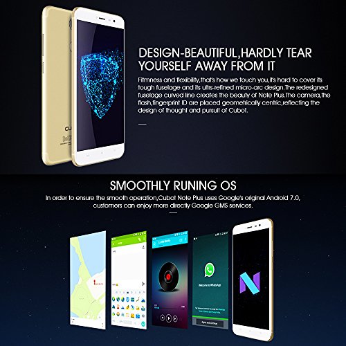 CUBOT Note Plus Smartphone 4G LTE Ohne Vertrag mit Fingerabdruck-Sensor, 5.2-Zoll-IPS-Bildschirm, Dual RÃ¼ckkamera, Dual SIM Standby, Android 7.0, 3GB RAM + 32 GB ROM, Bluetooth, GPS, WiFi(Golden)