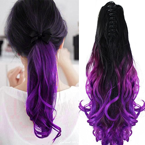 22" Claw on Ombre Two Tone Synthetic Curly Wavy Ponytail Hair Extensions Natural Black to Violet Purple