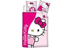 Aymax Hello Kitty Komplet pościeli flanelowej, 100% bawełna, dwustronna poszwa na kołdrę 140x200 cm + poszewka na poduszkę 65x65 cm