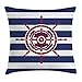 Produktbild Nautical Throw Pillow Cushion Cover, Illustration Ship Wheel Icon on a Stripped Background Fashionable Decorating Art, Decorative Square Accent Pillow Case, 18 X 18 Inches, Navy Red
