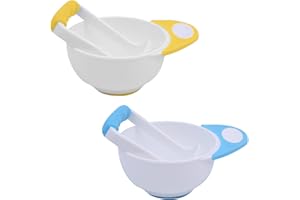 YSBCNK 4Pcs Baby Food Masher, Baby Food Masher and Bowl, Manual Grinding for Complementary Foods with Non Slip Long Bowl Handle and Grinding Rod for Fruit Vegetable Puree (Blue & Yellow)