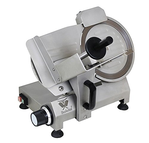 Beeketal 'Profi250-VA' Aufschnittmaschine mit Ø 250 mm Spezialmesser (hohlschliff mit glatter Schneide), Schnittstärke 0-12 mm stufenlos verstellbar, Edelstahl Profi Schrägschneider mit Schnittguthalter und Schubhilfe, inkl. integrierter Schärfevorrichtung