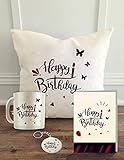 ALDIVO Happy Birthday Printed Cushion Cover with Filler with Coffee Mug, Greeting Card and Key Ring