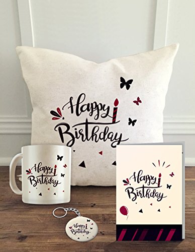 ALDIVO Happy Birthday Printed Cushion Cover with Filler with Coffee Mug, Greeting Card and Key Ring
