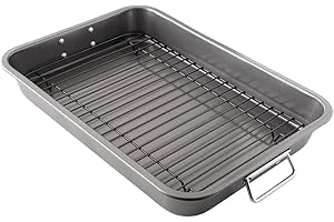 Chef Pomodoro Nonstick Carbon Steel Roasting Pan Roaster with Flat Rack, 16 x 11-Inch (41cm x 28 cm), Large, Grey, Bakeware Rectangular Oven BBQ Baking