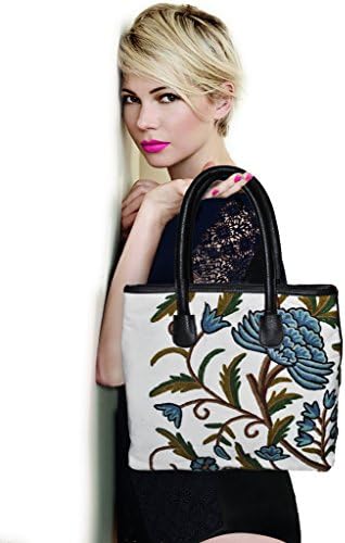 (EB-6) SD Fabrics® Women's Hand Crafted Crewel Embroidered Large Tote 100% Pure Italian Faux Leather Bag