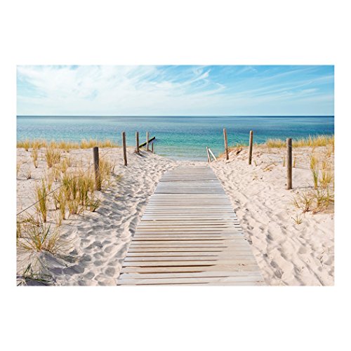 Fototapete Strand blau 300×210 cm !  PREMIUM VLIES TAPETE – PROFI QUALITÄT (Keine Papiertapete, keine Blasenbildung) – Top moderne Wanddeko – Fototapete 3D Illusion – Riesen Wandbild – Top Design Tapete – Neue exklusive Edition mit noch besser Druckauflösung – Deutsches Premium Vlies (Kein Import Vlies oder PVC), Schlafzimmer, Wohnzimmer, Kinderzimmer geeignet | modern Fototapeten Wandtapete Landschaft Meer Wasser Natur beige Sand FOA0007a62XL - 3