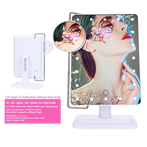 20 Dimmbare LED Make-up Spiegel, Touch Screen Dimmen Kompakt Spiegel mit Beweglichen 10X Vergrößerung Spot, Bidirektionaler Schwenkbeleuchtung Kosmetikspiegel, Eitelkeitsspiegel Rasierspiegel für Make up, Dressing, Pflegen, Zahnseide (Weiß) - 3