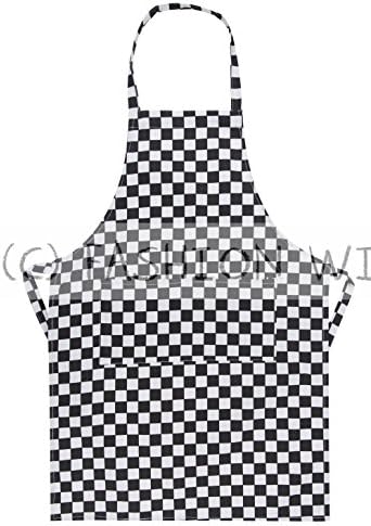 Fashion Wize Kids School Cotton Woodwork Craft Cookery Chef Painting Art Plain Apron Bib (White, Yellow, Cream, Red, Royal Blue, Green, Black Chequered) (Black & White)