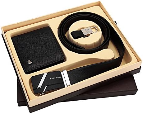 BISON DENIM Leather Belt Men's Business Belt with Automatic Buckle (120, N71281-Black[2pcs])