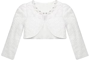 Alvivi Mädchen Bolero Schulterjacke Satin Langarm Jäckchen mit Blumen Hochzeit Festlich Taufe Kommunionjacke Strickjacke zum Kleid