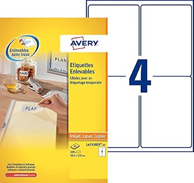 Avery 100 Etiquettes Autocollantes Amovibles (4 par Feuille) - 99,1x139mm - Impression Laser, Jet d’encre - Blanc (L4733REV)