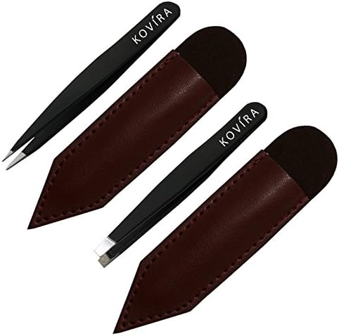 Tweezer Set 2 Piece with Leather Case by Kovira - Straight and Pointed/Precision Tweezers for Removing Eyebrow and Facial Hair and the Application of Eyelash Extensions Tool for Ladies