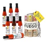 Kit de regalo The Good Hurt Fuego, un conjunto de salsas picantes con sabores del mundo El kit incluye las siguientes salsas: salsa de pimienta de cayena, de ajo, de ajo con hierbas, de pimienta fantasma, de pimienta chipotle, de borbón ahumado y de whisky habanero.