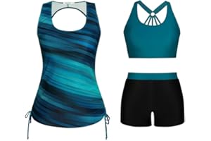 JASAMBAC Women Tankini Swimsuits 3 Piece Floral Print Athletic Bathing Suits Tummy Control Modest Swimwear with Boyshort