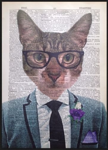 Parksmoonprints Tabby Cat Geek Vintage Dictionary Page Wall Art Picture Print Glasses Hipster Home Décor Animals in Clothes Cat Lover Gift