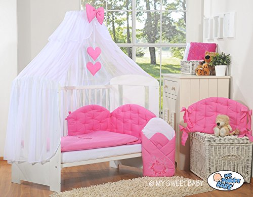 NEW & BEAUTIFUL LARGE WHITE CANOPY / MOSQUITO NET / DRAPE WITH decorative DARK PINK BOW & HEARTS + HOLDER TO FIT BABY COT OR COT BED