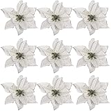 10 Piezas de Navidad Brillo Flores Artificiales Adornos Decoraciones para árbol de Navidad Guirnaldas Fiesta de la Boda (Plata)