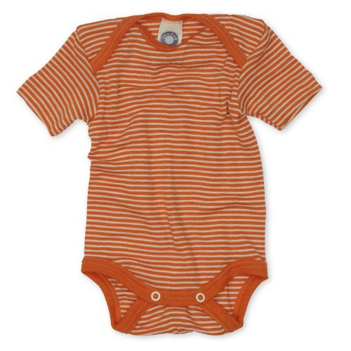 Cosilana - Baby Bodysuit Short Sleeve0-2 months (Height 18-22) (50/56), striped Orange-Natural, 70% Organic Merino Wool, 30% Silk