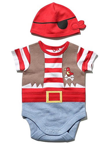 M&Co Baby Boy Multi Colour Short Sleeve Stripe Novelty Pirate Romper Bodysuit And Hat Two Piece Set Red 12/18 Mnth
