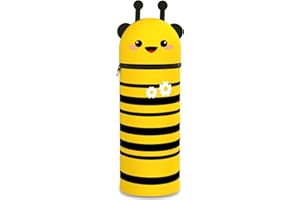 DGTSYAL Trousse Ecole 2 en 1 en Silicone Souple Kawaii, Porte-Plume, Fermeture Eclair en Silicone, Animaux Pochette de Stylo, Étui pour Fournitures Scolaires de Grande capacité (Abeille étirée)