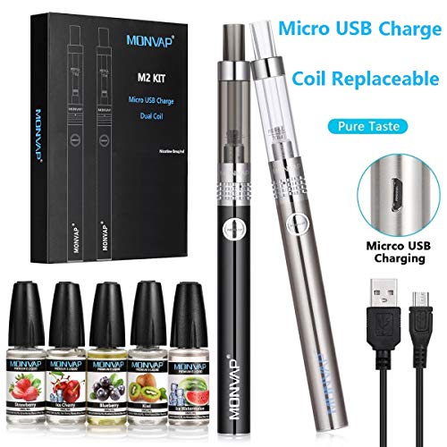 Cigarette Electronique Kit Complet, MONVAP M2 Kit, 2x Vape Pen Chargeurs USB, 5x 10ml E Liquide, Atomiseur 1.6ohm 2ml Cigarettes électroniques sans Nicotine ni Tabac