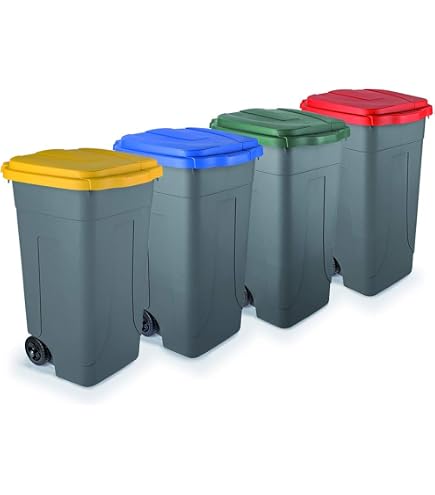Set 4 Bidoni Carrellati Per Raccolta Differenziata Da 120 Litri – PEHD, Coperchi Colorati (Blu, Giallo, Rosso, Verde), TUV