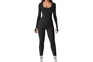 Mayround Yoga Jumpsuit for Women Ribbed Seamless Square Neck Bodysuit Workout Rompers Long Sleeve Exercise Jumpsuits One Piece Romper Workout Playsuit