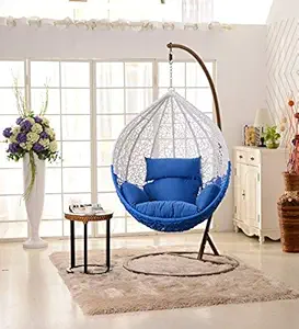 Fanciful Optimet Swing Chair with Stand,Cushion (Blue Colour) & Hook-Outdoor/Indoor/Balcony/Garden/Patio (Standard, White &Blue) Rattan Wicker/ Outdoor Swing Chair/ Hanging Swing Chair