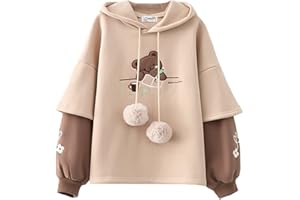HIMI HIMIFASHION Urocza polarowa bluza z kapturem nastolatki kawaii komiks niedźwiedź haft fałszywa dwuczęściowa bluza na co dzień luźny pulower topy z kapturem