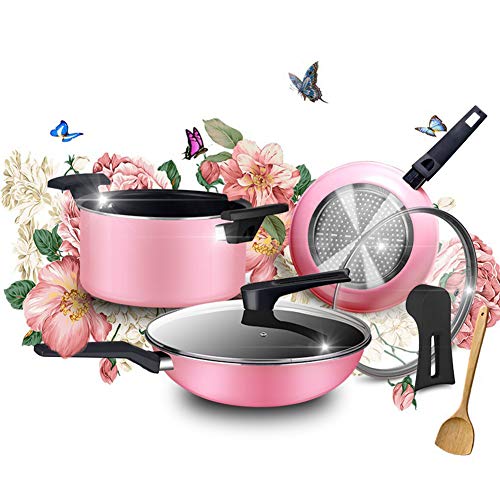 Preisvergleich Produktbild AYOUGALA Topf Gesetzt,Bratpfanne,Rauchfreier Wok,Suppentopf,Antihaft-Multifunktion... Antihaft-Pfanne Pfanne Frühstück Pan Gasherd,Dreiteiliger Anzug Pink