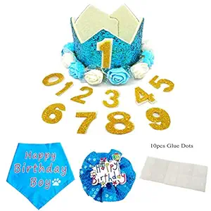 PET SHOW Blue Crown Dog Birthday Hat Bandana Collar Bows Charms Costume Set Reusable Birthday Party Headband Puppies Cat Kitten Hats with 0-9 Figures Charms Grooming Accessories