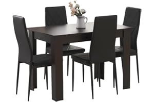 Homullel 5 Piece Dining Room Table and Chairs Set for Dining Room Kitchen, Modern Wooden Dining Table with Chairs for Family Dinner Set (With 4Pcs Black Argyle Leather Chairs, 110cm Black Table)