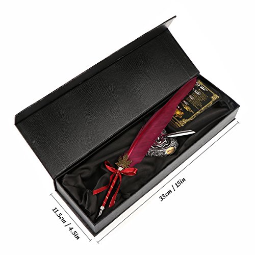Pen Kit Gänsekiel Dip Pen Kit handgeschnitzt Feder Dip Pen Kit mit eleganten Carving Stift Ständer/Tinte Flasche/5 x Feder (schwarz/rot/grün) – rot - 9