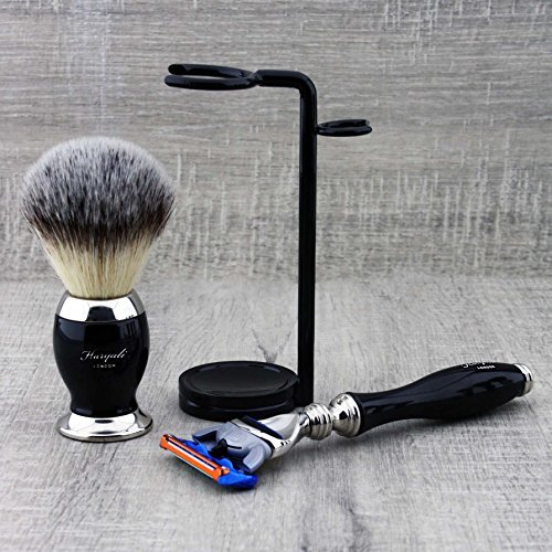 3 Piece Classic Men's Shaving Set in Black Featuring Synthetic Brush & 5 Edge Razor - Image 5